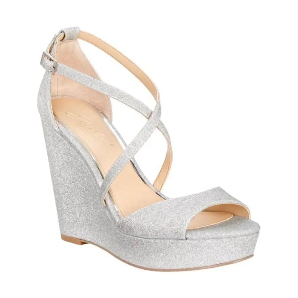 Jewel Badgley Mischka Averie Evening Sandal Heels Silver Glitter 5.5M New